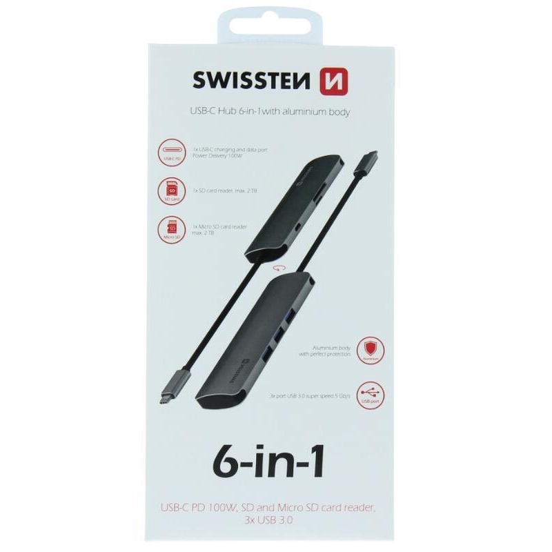 Swissten USB-C HUB 6v1 (USB-C PD, 3x USB 3.0, SD, MICRO SD) - Aluminium