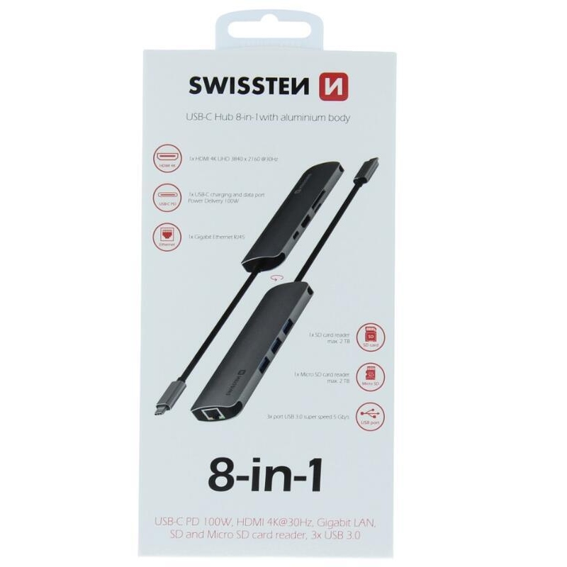 Swissten USB-C HUB 8v1 (USB-C PD, HDMI 4K, LAN RJ45, 3x USB 3.0, SD, MICRO SD) - Aluminium