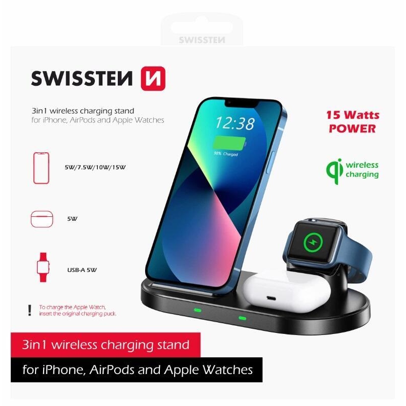 Swissten Wireless bezdrátová nabíječka 3v1 Stand - černá