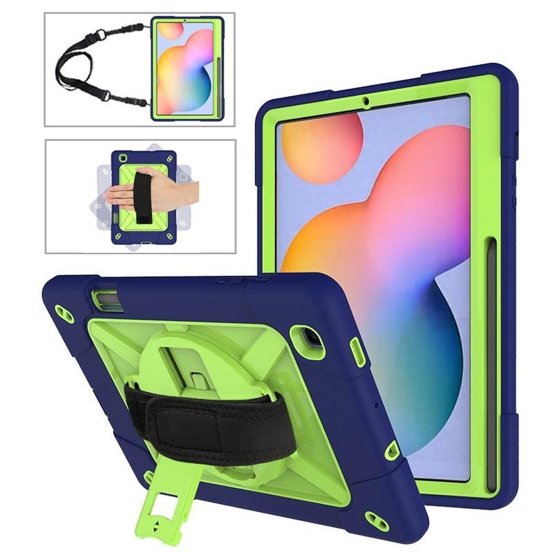 Swivel odolný hybridní kryt s páskou na ruku pro tablet Samsung Galaxy Tab S6 Lite - modrý/zelený