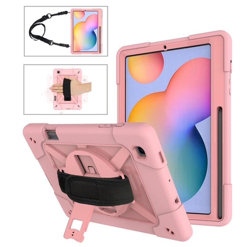 Swivel odolný hybridní kryt s páskou na ruku pro tablet Samsung Galaxy Tab S6 Lite - růžový