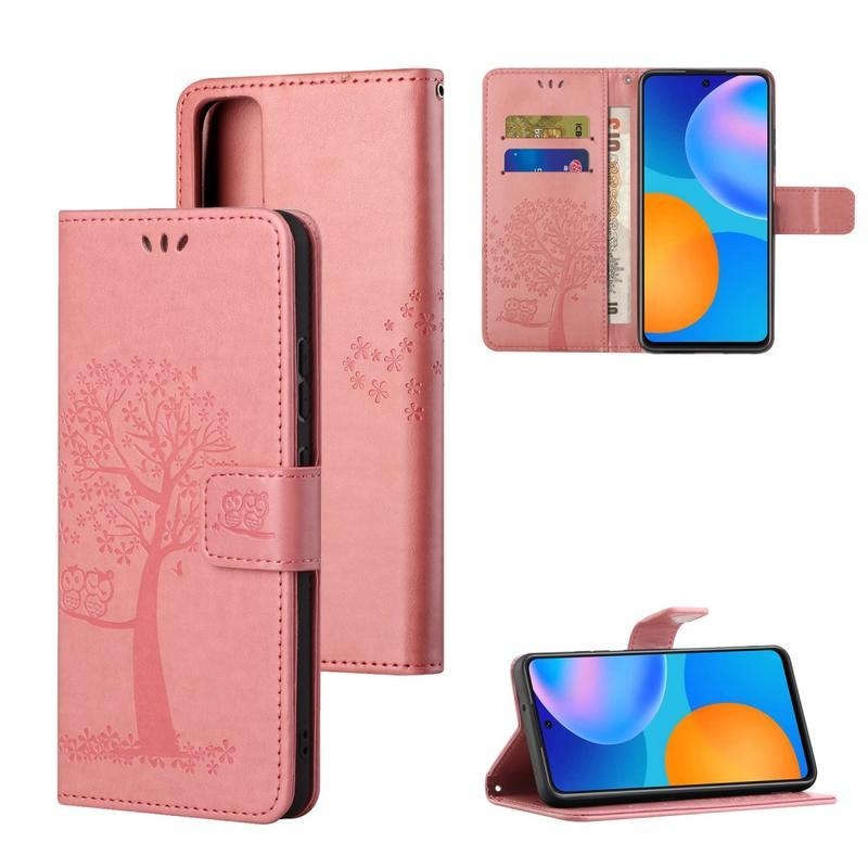 Tree PU kožené peněženkové pouzdro na mobil Honor 10X Lite - růžové