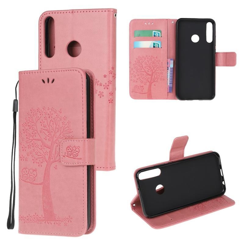 Tree PU kožené peněženkové pouzdro na mobil Huawei P40 Lite E - růžové