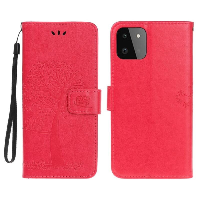Tree PU kožené peněženkové pouzdro na mobil Samsung Galaxy A22 5G - červené