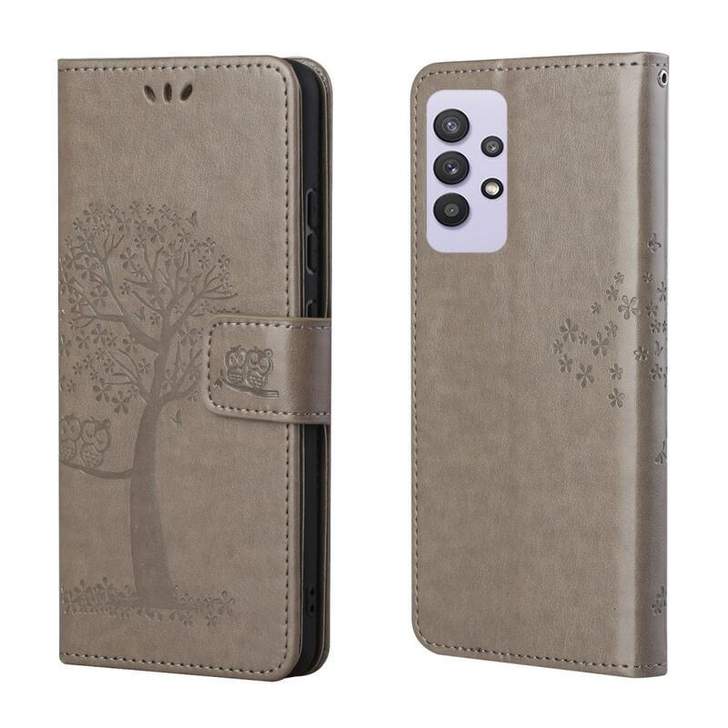 Tree PU kožené peněženkové pouzdro na mobil Samsung Galaxy A32 4G - šedé