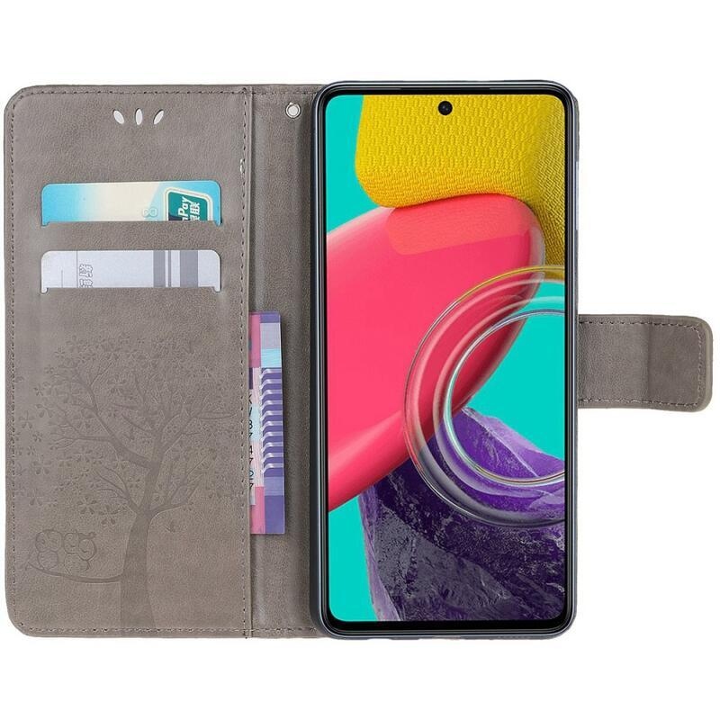 Tree PU kožené peněženkové pouzdro na mobil Samsung Galaxy M53 5G - šedé