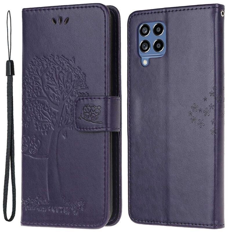 Tree PU kožené peněženkové pouzdro na mobil Samsung Galaxy M53 5G - tmavěfialové