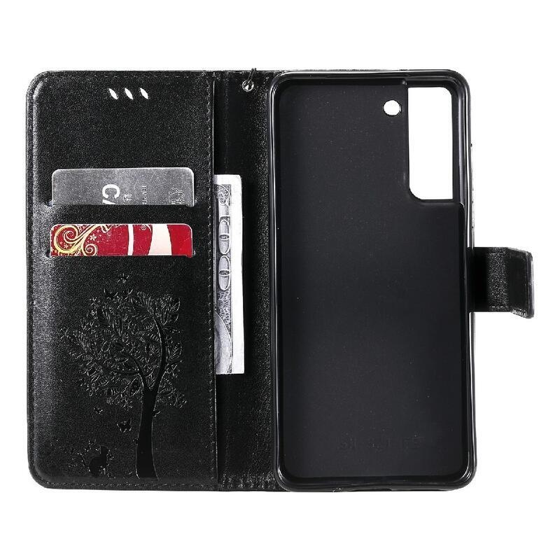 Tree PU kožené peněženkové pouzdro na mobil Samsung Galaxy S21 FE 5G - černé