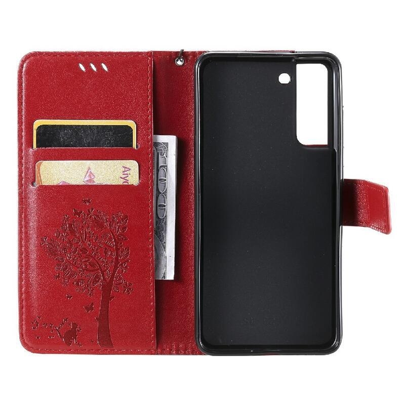 Tree PU kožené peněženkové pouzdro na mobil Samsung Galaxy S21 FE 5G - červené