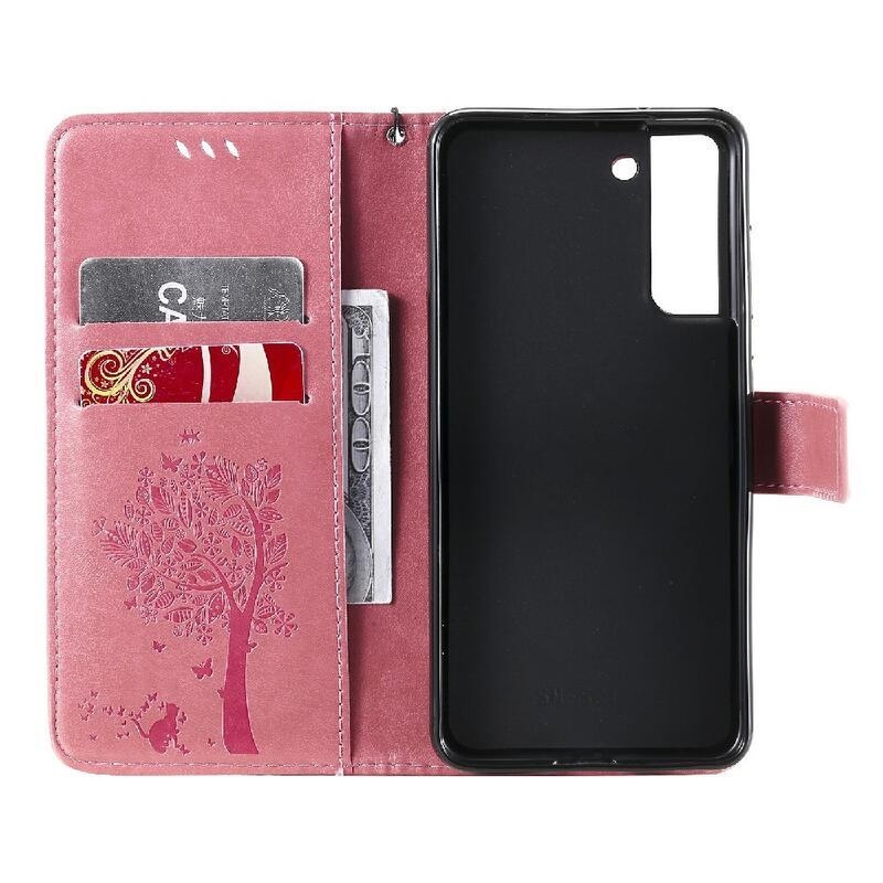 Tree PU kožené peněženkové pouzdro na mobil Samsung Galaxy S21 FE 5G - růžové