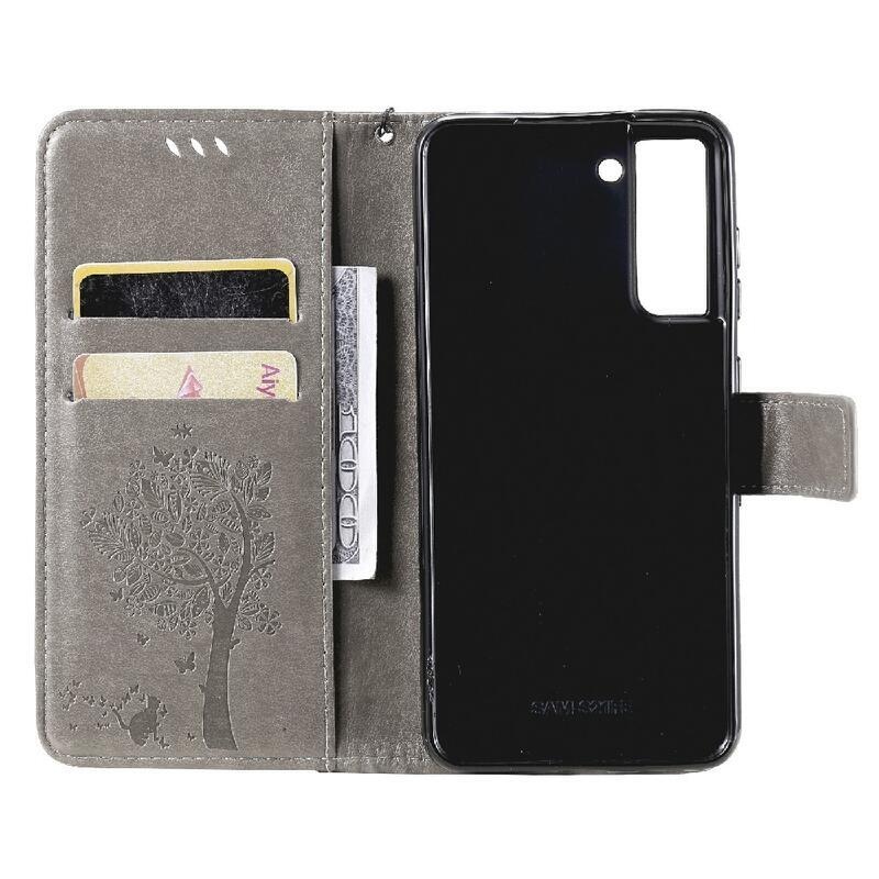 Tree PU kožené peněženkové pouzdro na mobil Samsung Galaxy S21 FE 5G - šedé