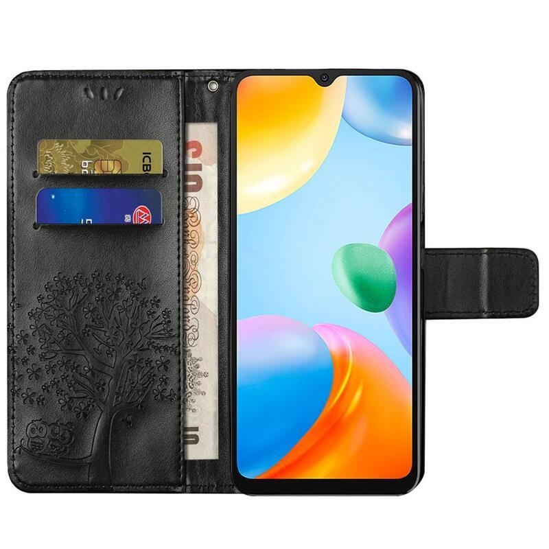 Tree PU kožené peněženkové pouzdro na mobil Xiaomi Redmi 10C - černé