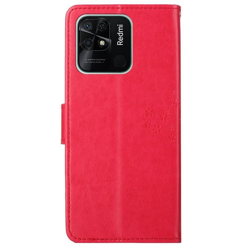 Tree PU kožené peněženkové pouzdro na mobil Xiaomi Redmi 10C - červené