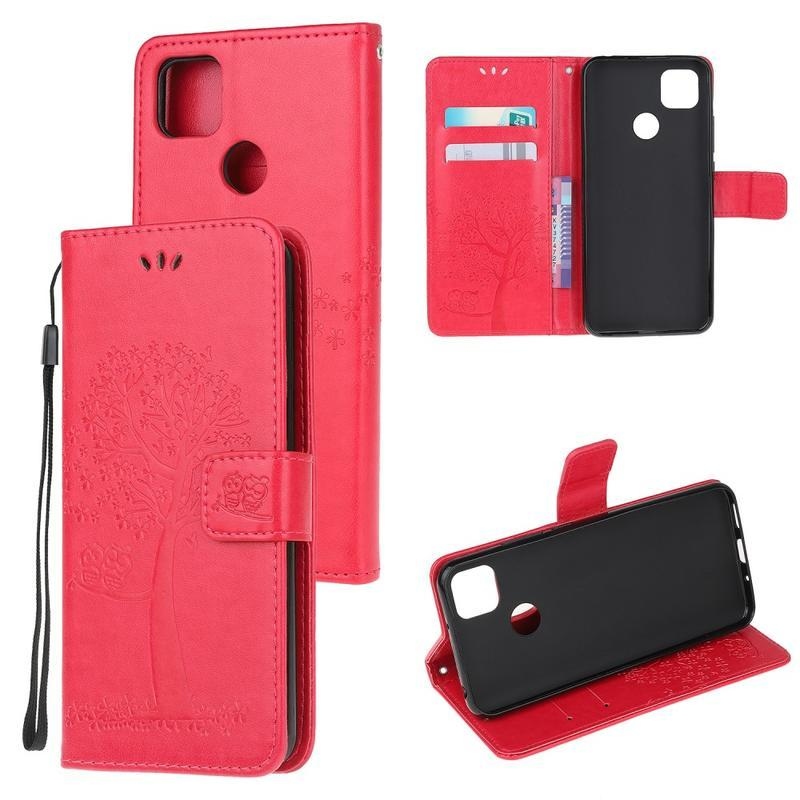 Tree PU kožené peněženkové pouzdro na mobil Xiaomi Redmi 9C - červené