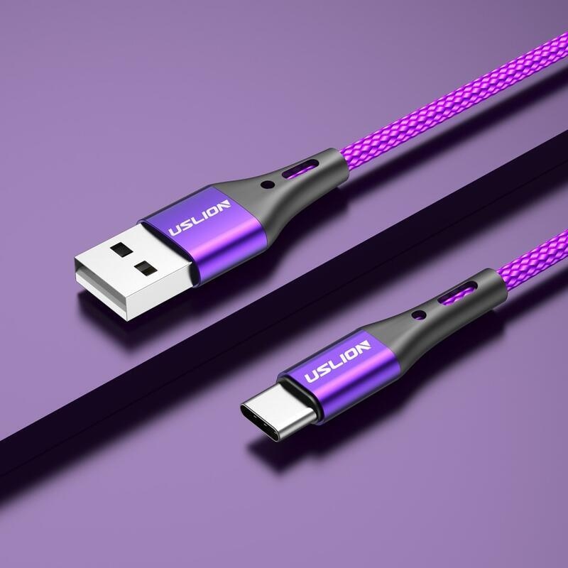 USLION tkaný USB kabel Type-C pro nabíjení a synchronizaci / 1m - fialový