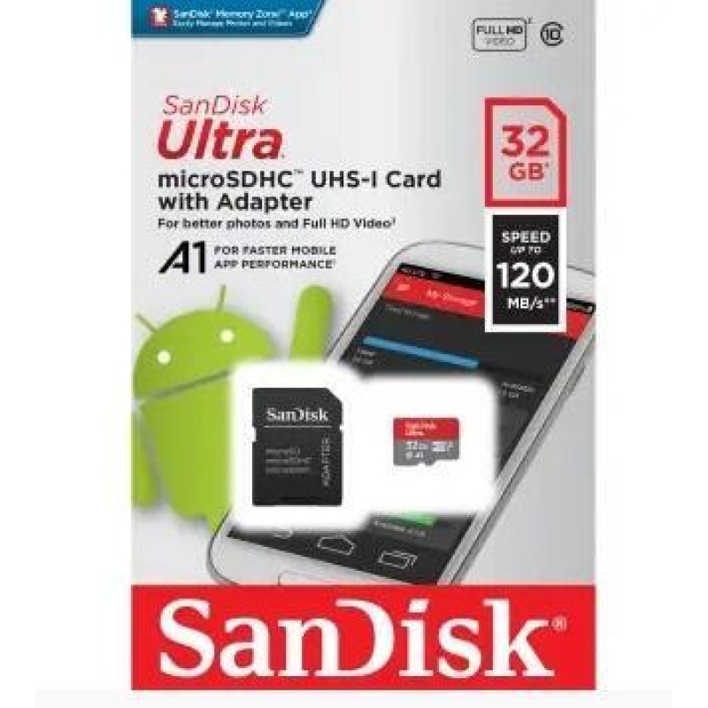 Vysokorychlostní paměťová karta SanDisk Ultra microSDHC 32 GB 120 MB/s A1 Class 10 UHS-I, Android včetně SD adaptéru