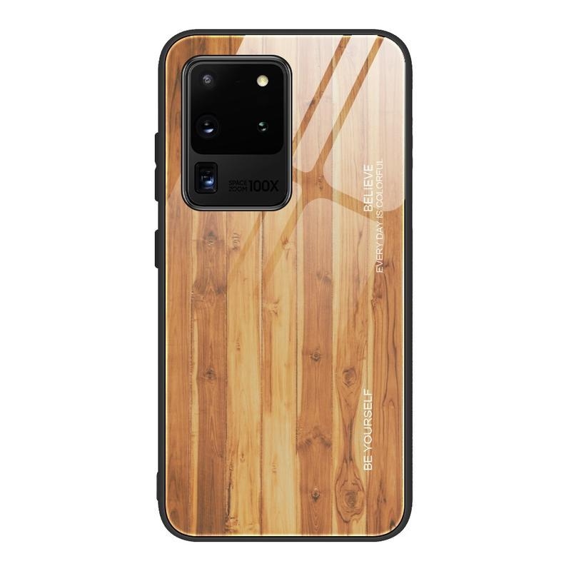 Wooden gelový obal se skleněnými zády na mobil Samsung Galaxy S20 Ultra - hnědý