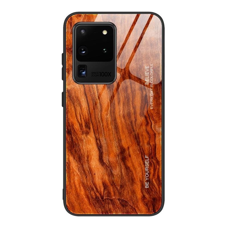 Wooden gelový obal se skleněnými zády na mobil Samsung Galaxy S20 Ultra - oranžový